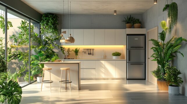 A kitchen with a lot of greenery and a refrigerator