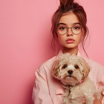 Cute 16 year old girl wearing glasses with a dog on a pink background