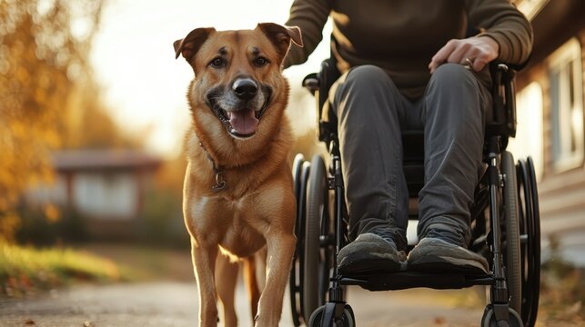 A joyful scene depicting a friendly dog happily accompanying a person in a wheelchair down a tranquil sunlit path, symbolizing companionship and freedom.