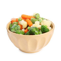 Different frozen vegetables in bowl isolated on white