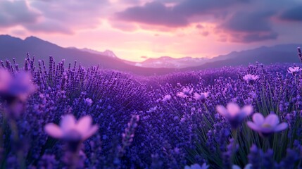 Obraz premium A tranquil lavender field at dusk, the purple flowers glowing softly under the fading light, a hint of vanilla in the air, with chamomile plants scattered among the lavender,
