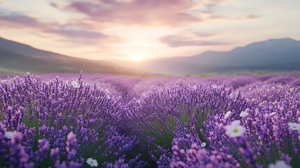 Naklejka premium A tranquil lavender field at dusk, the purple flowers glowing softly under the fading light, a hint of vanilla in the air, with chamomile plants scattered among the lavender,