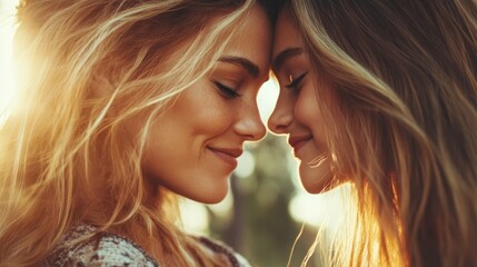 A heartfelt moment as a mother and daughter gently touch foreheads under a warm sunset glow, capturing love, serenity, and the deeper essence of familial bonds.