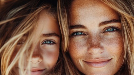 Closeup image capturing a tender moment between a mother and daughter, both smiling warmly, emphasizing familial love, connection, and the joy of shared moments.