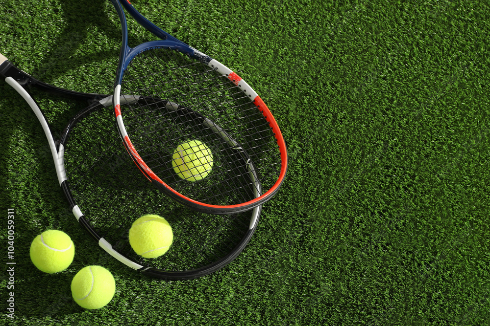 Poster Tennis rackets and balls on green artificial grass, flat lay. Space for text