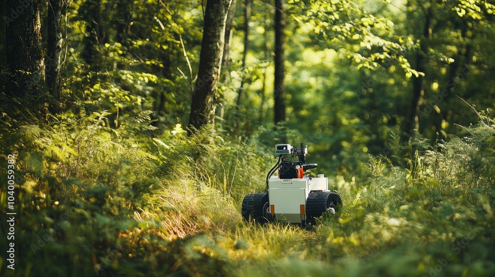 Leinwandbilder A robot conducting environmental monitoring in a pristine nature reserve, with sensors and data collection tools amidst natural scenery, Environmental tech style