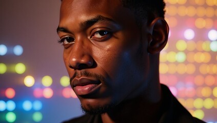 Portrait features a young African American man with geometric facial structure against a backdrop of vibrant neon colors