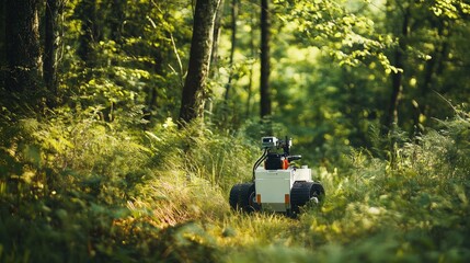 A robot conducting environmental monitoring in a pristine nature reserve, with sensors and data collection tools amidst natural scenery, Environmental tech style