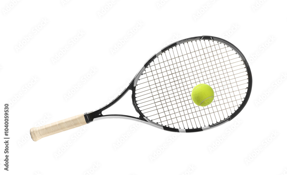 Wall mural Tennis racket with ball isolated on white