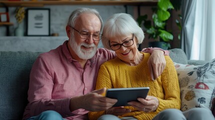 Lovely senior couple dressed casually using digital tablet while sitting together on the comfortable couch at home