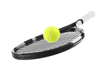 Tennis racket with ball isolated on white