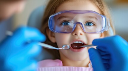 Pediatric dental checkup with child wearing protective eyewear