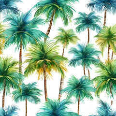 Seamless watercolor pattern of palm trees blowing in the wind on a sunny day, bright blue background.
