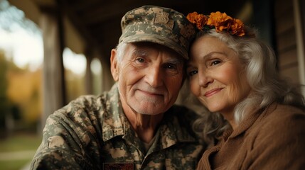 Fototapeta premium An elderly couple enjoys a tender embrace on their porch, the man dressed in army uniform, and the woman adorned with a floral headband, embodying love and nostalgia.