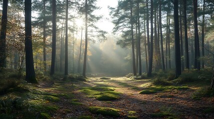 Obraz premium A tranquil woodland scene, with sunlight filtering through pine and cedarwood trees, eucalyptus scent carried by a light breeze, soft moss and fallen leaves covering the ground,