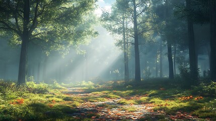 Fototapeta premium A tranquil woodland scene, with sunlight filtering through pine and cedarwood trees, eucalyptus scent carried by a light breeze, soft moss and fallen leaves covering the ground,