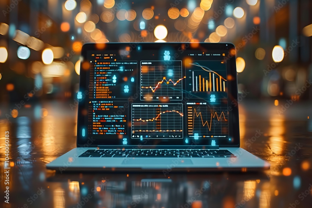Poster dynamic data visualization on a laptop screen with glowing background