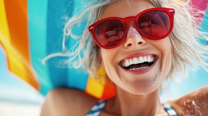 A radiant woman with red sunglasses smiles joyfully under a colorful umbrella at the beach, her face speckled with sand, representing joy and zest for life.