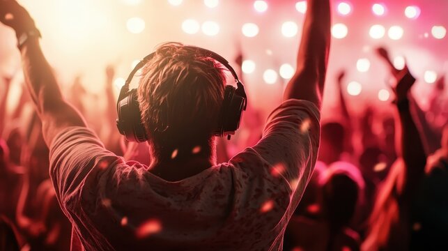 A person is shown from the back, wearing headphones, joyfully immersing themselves in the energetic atmosphere of a concert with colorful lights illuminating the scene.