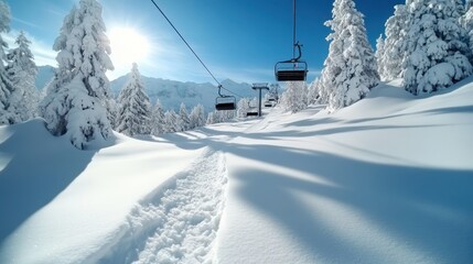 An empty ski trail marks the fresh snow with towering snow-draped pines, as chairlifts ascend under a bright blue sky, capturing winter's tranquil essence.