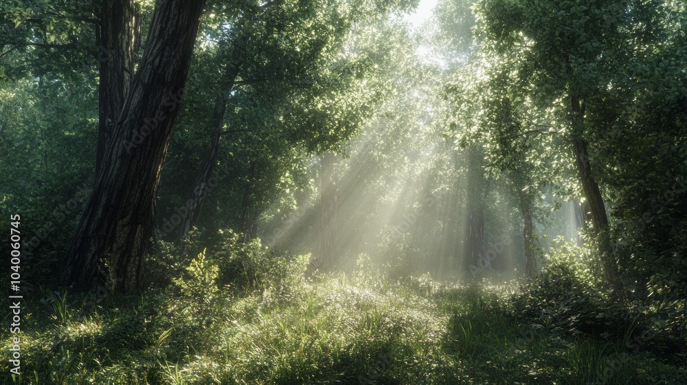 Poster a forest with sunlight shining through the trees
