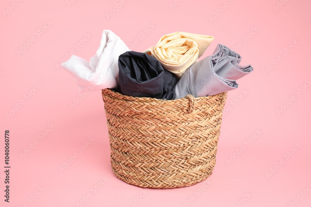 Poster Wicker basket full of laundry on pink background