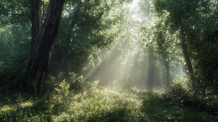 Obraz premium A forest with sunlight shining through the trees