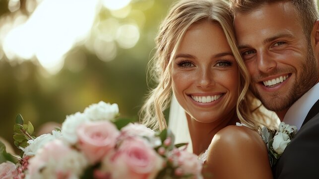 A joyous bride and groom beaming with happiness are captured in a sunlit garden while holding a bouquet of pink and white flowers symbolizing new beginnings.