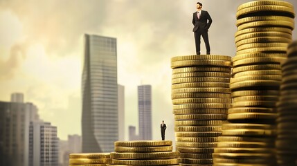 A businessman stands atop a stack of gold coins, looking towards the city.