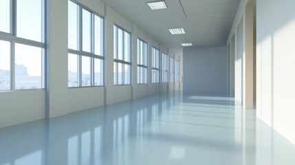 Fototapeta premium Bright Empty Hallway with Windows and Reflection