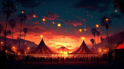 Illuminated Tents Under a Sunset Sky with Palm Trees