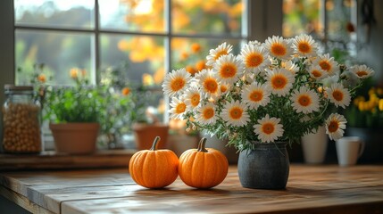 Modern kitchen interior decorated for fall with orange pumpkins
