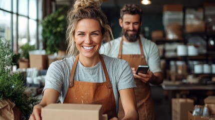 A smiling woman stands behind a counter packaging products in a sunlit shop, radiating a sense of dedication and the welcoming charm of small business entrepreneurship.