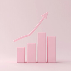 A pink pink arrow pointing upwards with bar charts below it. Concept of growth and progress, as the arrow represents upward movement