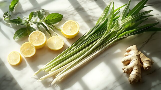 A vibrant flat lay of lemongrass stalks, fresh verbena, and ginger root on a marble surface, the soft glow of sunlight highlighting their textures, the crisp citrusy aroma filling the air,