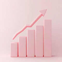 A pink pink arrow pointing upwards with bar charts below it. Concept of growth and progress, as the arrow represents upward movement