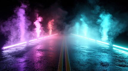 Fototapeta premium A 3D image of an old, slick asphalt surface, illuminated by colorful neon lights, with smoke creating a mysterious ambiance on a dark background.