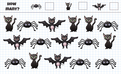 Counting game for kids with Halloween black cat and spider