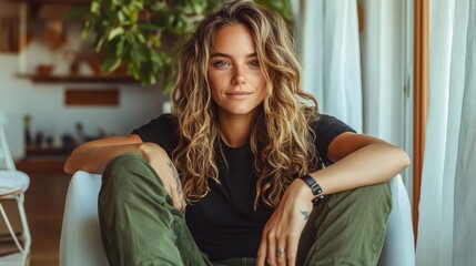 A woman with natural beauty sits in a relaxed, introspective pose indoors, wearing a black shirt and green pants, embodying tranquility and personal style.