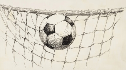 Naklejka premium A hand-drawn sketch of a soccer ball going into the net. The image looks like an old-fashioned engraving, with black lines on a white background.