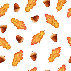 Autumn fall seamless pattern with oak dry leaves and acorn. Vector illustration