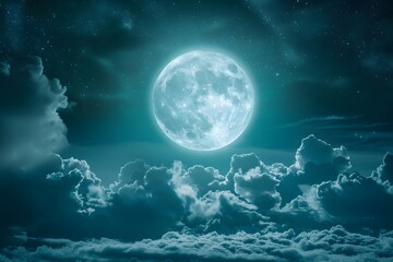 Fototapeta premium Enchanting Night Sky with a Full Moon Illuminating Wispy Clouds