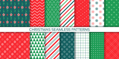 Christmas seamless pattern. Background with snowflake, dots, stripes, zigzag, tree. Set of red green textures. Holiday prints. Collection geometric wrapping papers. Xmas backdrops. Vector illustration