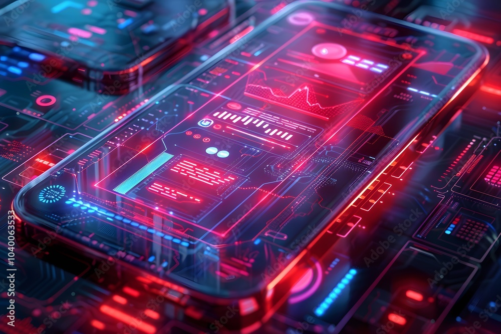 Poster futuristic smartphone interface with neon graphics and data visualization