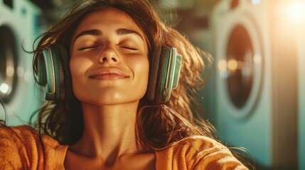 A relaxed woman wearing headphones, immersed in music with eyes closed, surrounded by the ambiance of a laundromat, capturing a moment of pure enjoyment.