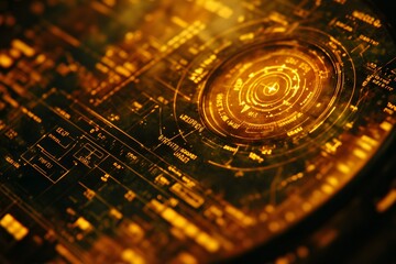 A futuristic digital interface with intricate golden patterns and circular designs.
