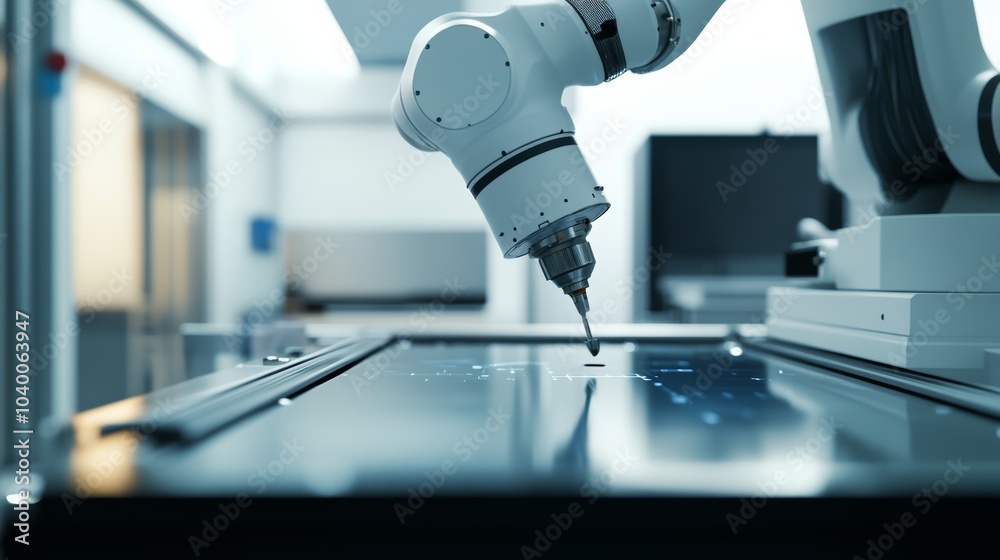 Poster A robot conducting high-precision measurements in a state-of-the-art metrology lab with advanced measurement instruments, clean and detailed environment, Metrology-tech style