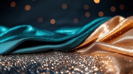 Obraz premium Luxurious teal and gold satin fabrics lie on a bed of tiny shimmering sparkles, evoking a sense of opulence and sophistication in a dreamy setting.
