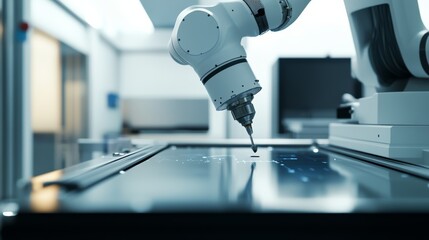 A robot conducting high-precision measurements in a state-of-the-art metrology lab with advanced measurement instruments, clean and detailed environment, Metrology-tech style