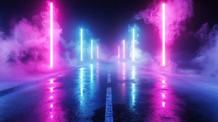 A 3D visualization showcasing a vintage wet asphalt street, bathed in vibrant neon lights and surrounded by swirling smoke on a dark background.